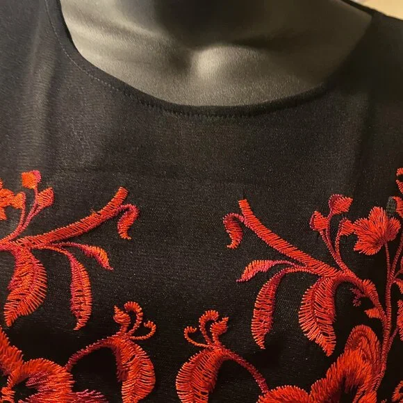 INC Exquisite Red Floral Embroidery Black Sheer Top Size PXL - Picture 3 of 8